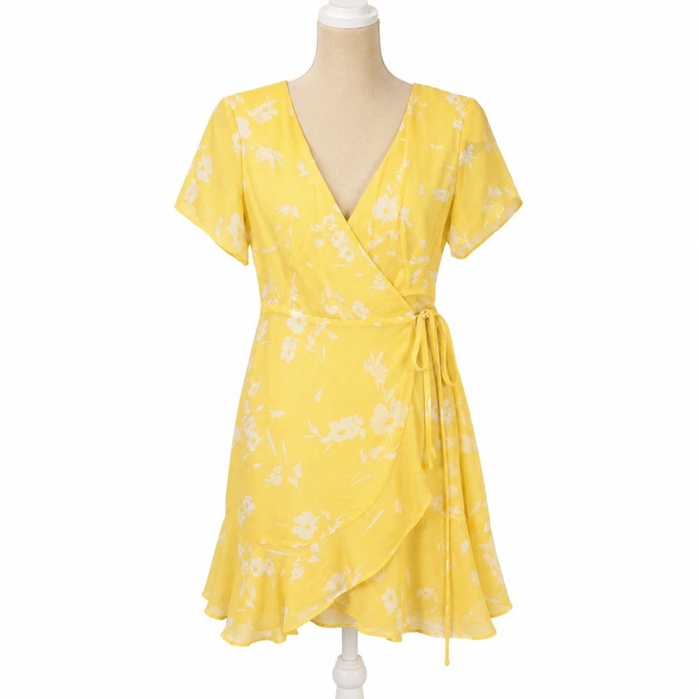 Floral Fairy Chiffon Mini Wrap Dress Size S Butter Yellow Beach Vacation Ruffle